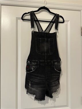 RISEN Black Distressed Denim Short Overalls